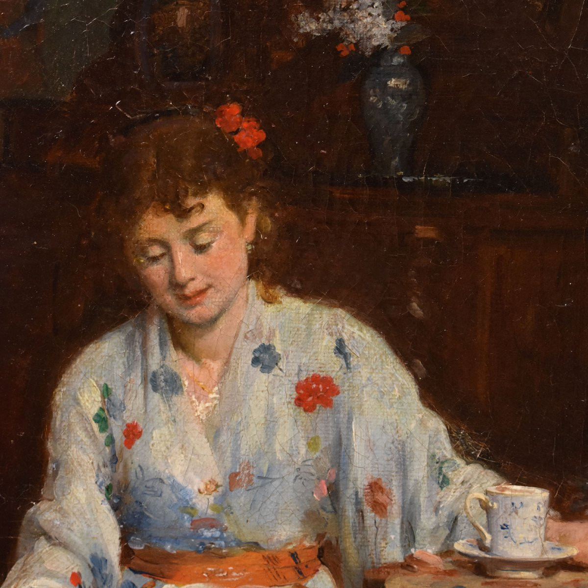 QUADRI ANTICHI, RITRATTI DI DONNA CON GATTO, OLIO SU TELA, SCENA D'INTERNO, XIX. (QR715)-photo-1