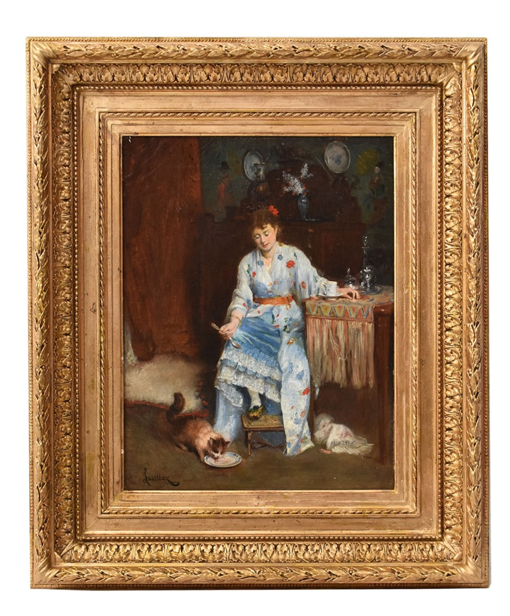 QUADRI ANTICHI, RITRATTI DI DONNA CON GATTO, OLIO SU TELA, SCENA D'INTERNO, XIX. (QR715)