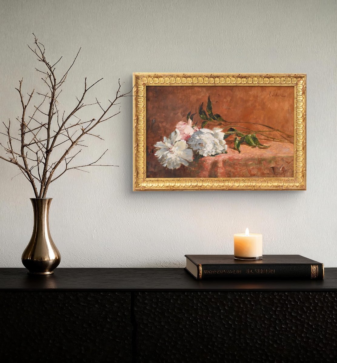 DIPINTI ANTICHI DI FIORI, NATURE MORTE CON PEONIE, OLIO SU TELA, XIX SECOLO. (QF716)-photo-2