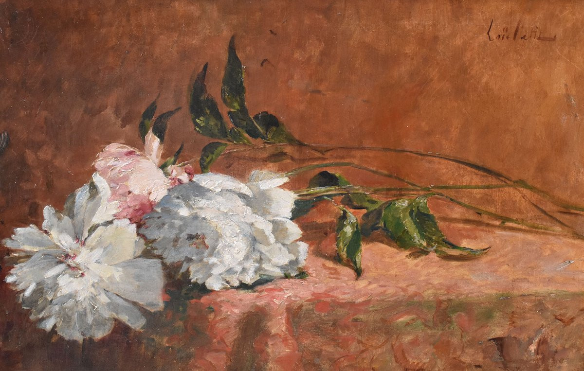 DIPINTI ANTICHI DI FIORI, NATURE MORTE CON PEONIE, OLIO SU TELA, XIX SECOLO. (QF716)-photo-3