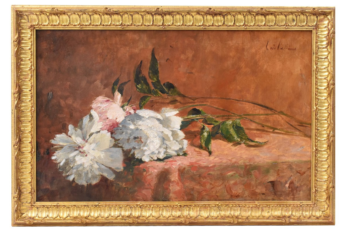 DIPINTI ANTICHI DI FIORI, NATURE MORTE CON PEONIE, OLIO SU TELA, XIX SECOLO. (QF716)