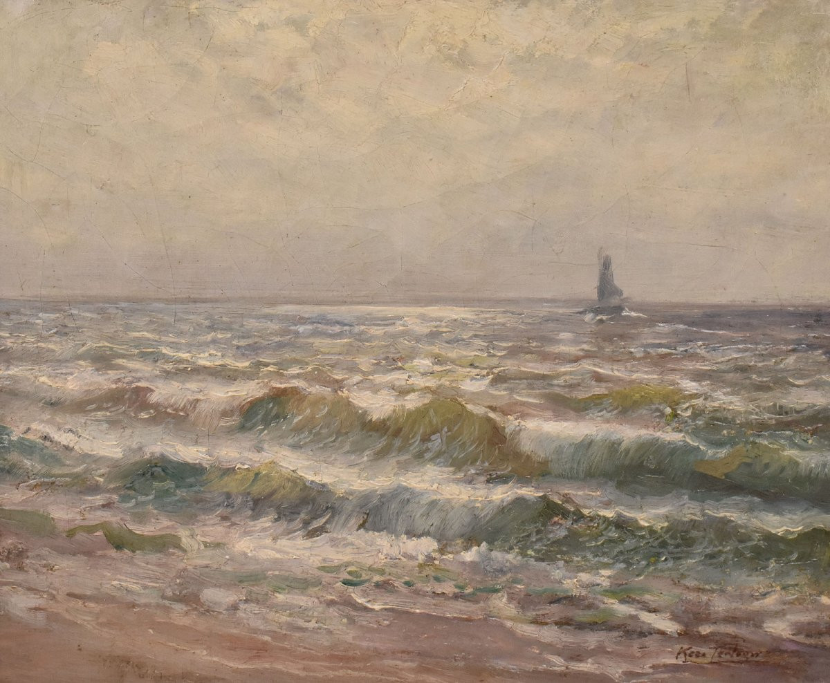 QUADRI MARINE, MARINA CON ONDE, PITTURA AD OLIO SU TELA, PRIMI DEL XX SECOLO. (QM717)-photo-3