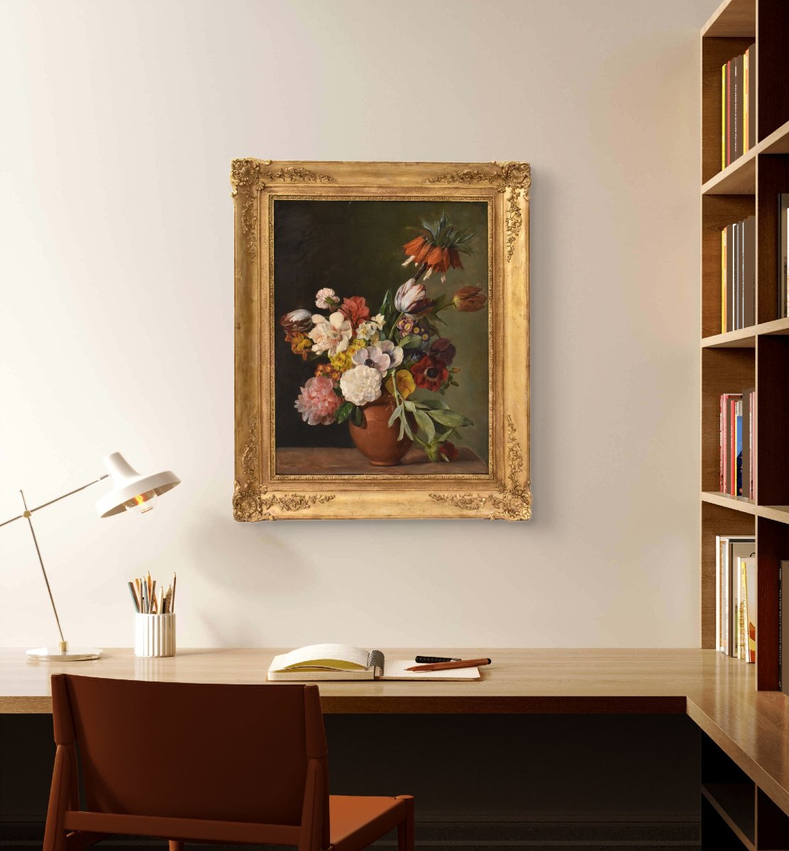 DIPINTI ANTICHI DI FIORI, NATURE MORTE CON PEONIE E ROSE, OLIO SU CARTA, XIX SECOLO. (QF720)-photo-2