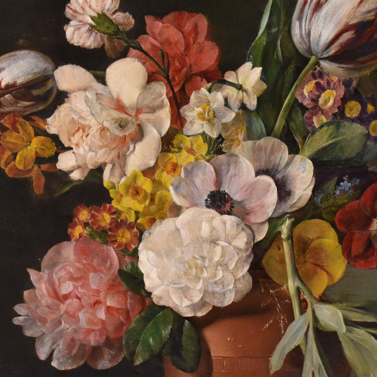 DIPINTI ANTICHI DI FIORI, NATURE MORTE CON PEONIE E ROSE, OLIO SU CARTA, XIX SECOLO. (QF720)-photo-1