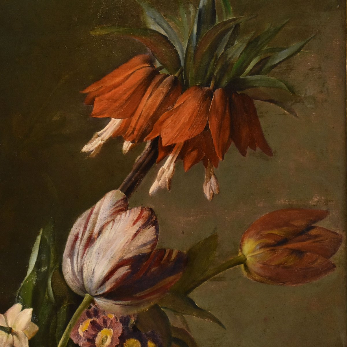 DIPINTI ANTICHI DI FIORI, NATURE MORTE CON PEONIE E ROSE, OLIO SU CARTA, XIX SECOLO. (QF720)-photo-3