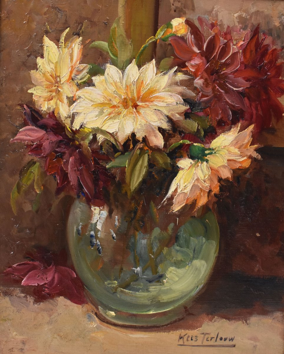 QUADRI ANTICHI, PICCOLA NATURA MORTA CON FIORI DI DALIE, OLIO SU TELA, XX SECOLO. (QF718)   -photo-3