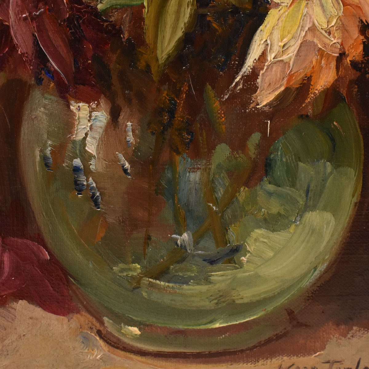 QUADRI ANTICHI, PICCOLA NATURA MORTA CON FIORI DI DALIE, OLIO SU TELA, XX SECOLO. (QF718)   -photo-4