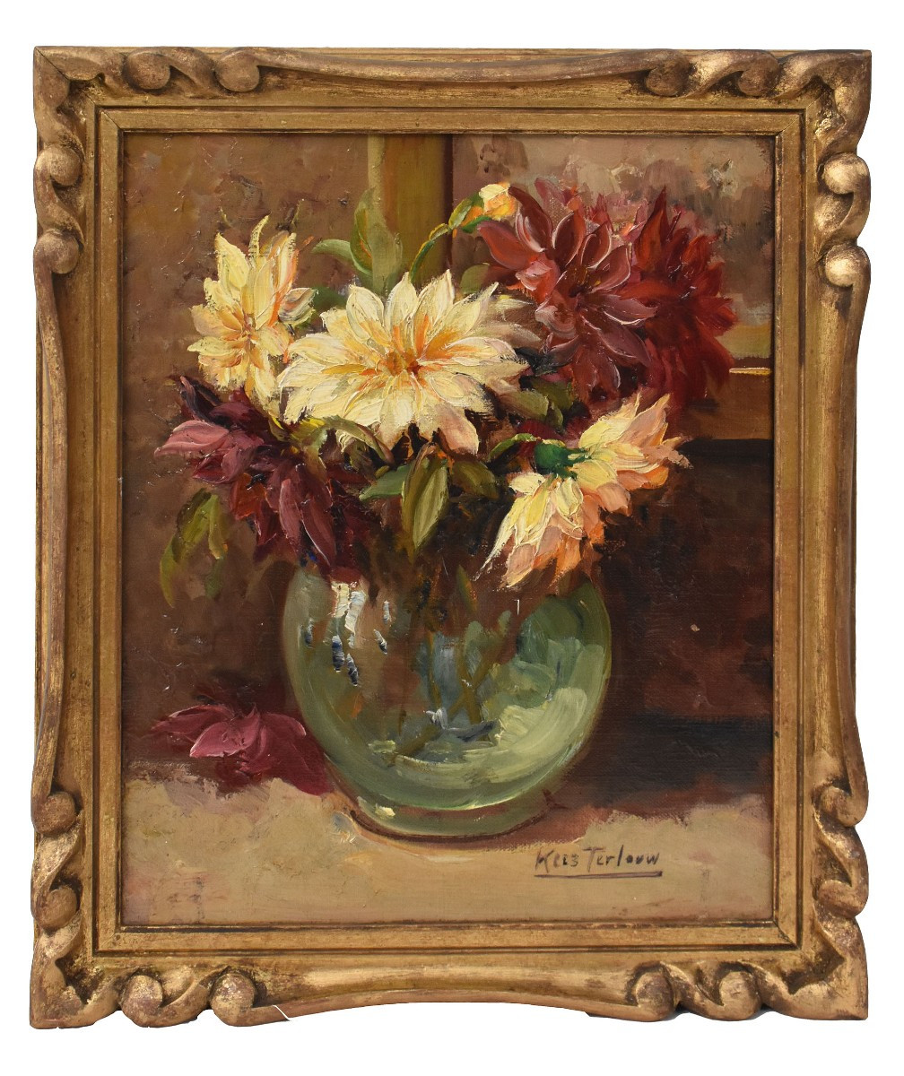 QUADRI ANTICHI, PICCOLA NATURA MORTA CON FIORI DI DALIE, OLIO SU TELA, XX SECOLO. (QF718)   