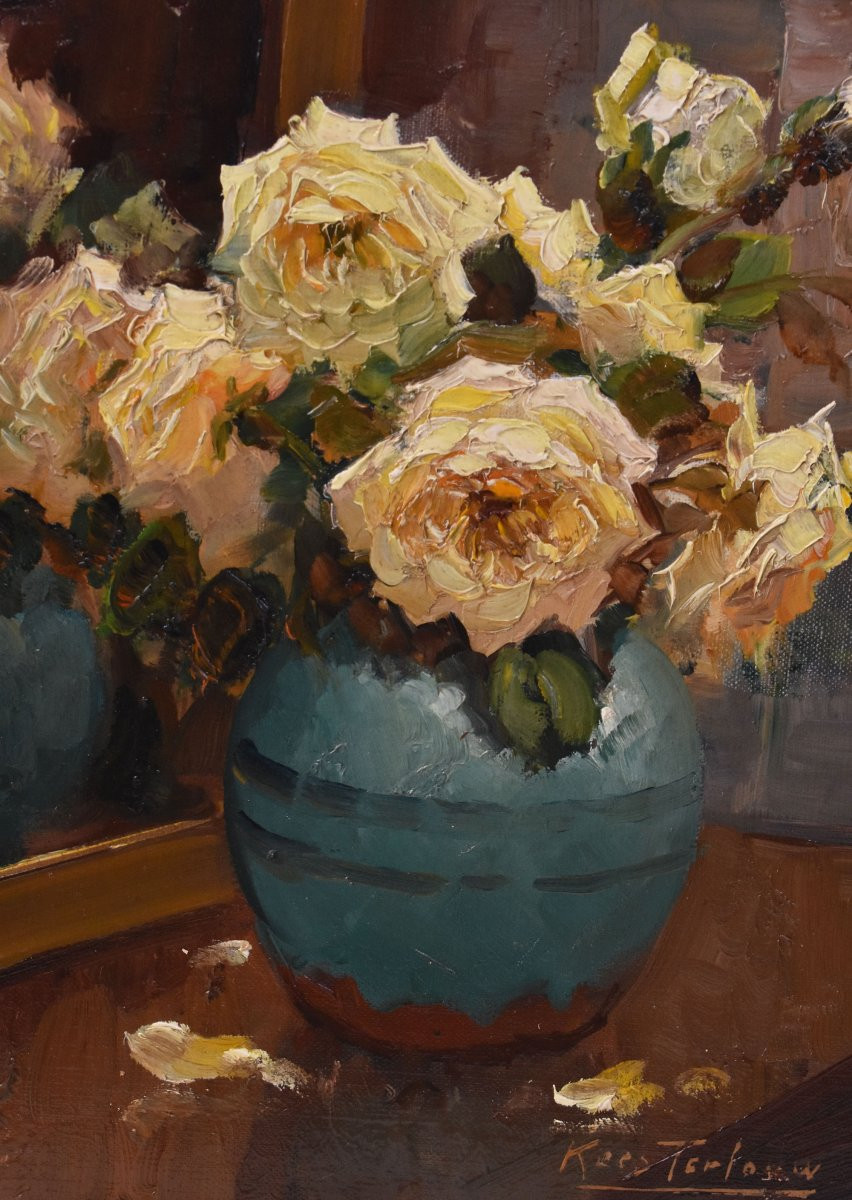 QUADRI ANTICHI, PICCOLA NATURA MORTA CON FIORI DI ROSE GIALLE, OLIO SU TELA, XX SECOLO. (QF719)-photo-3