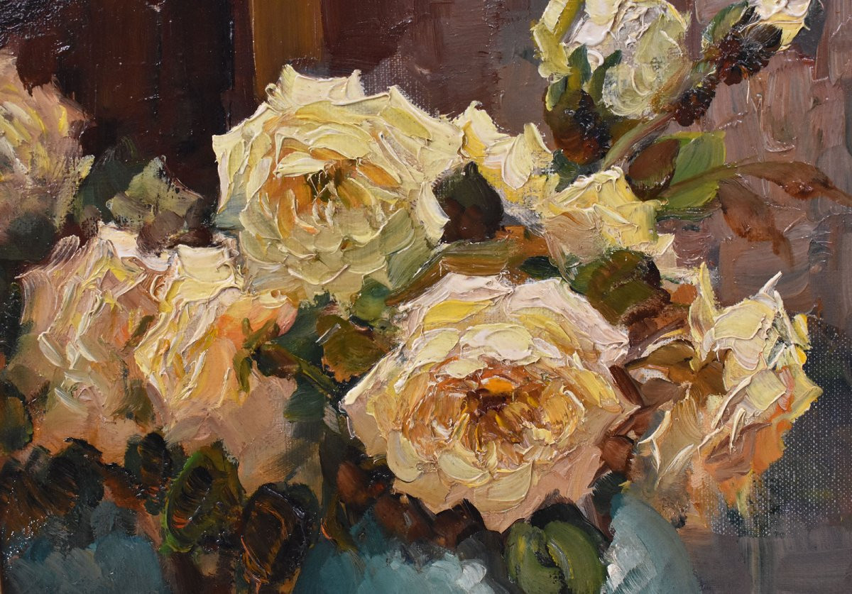 QUADRI ANTICHI, PICCOLA NATURA MORTA CON FIORI DI ROSE GIALLE, OLIO SU TELA, XX SECOLO. (QF719)-photo-4