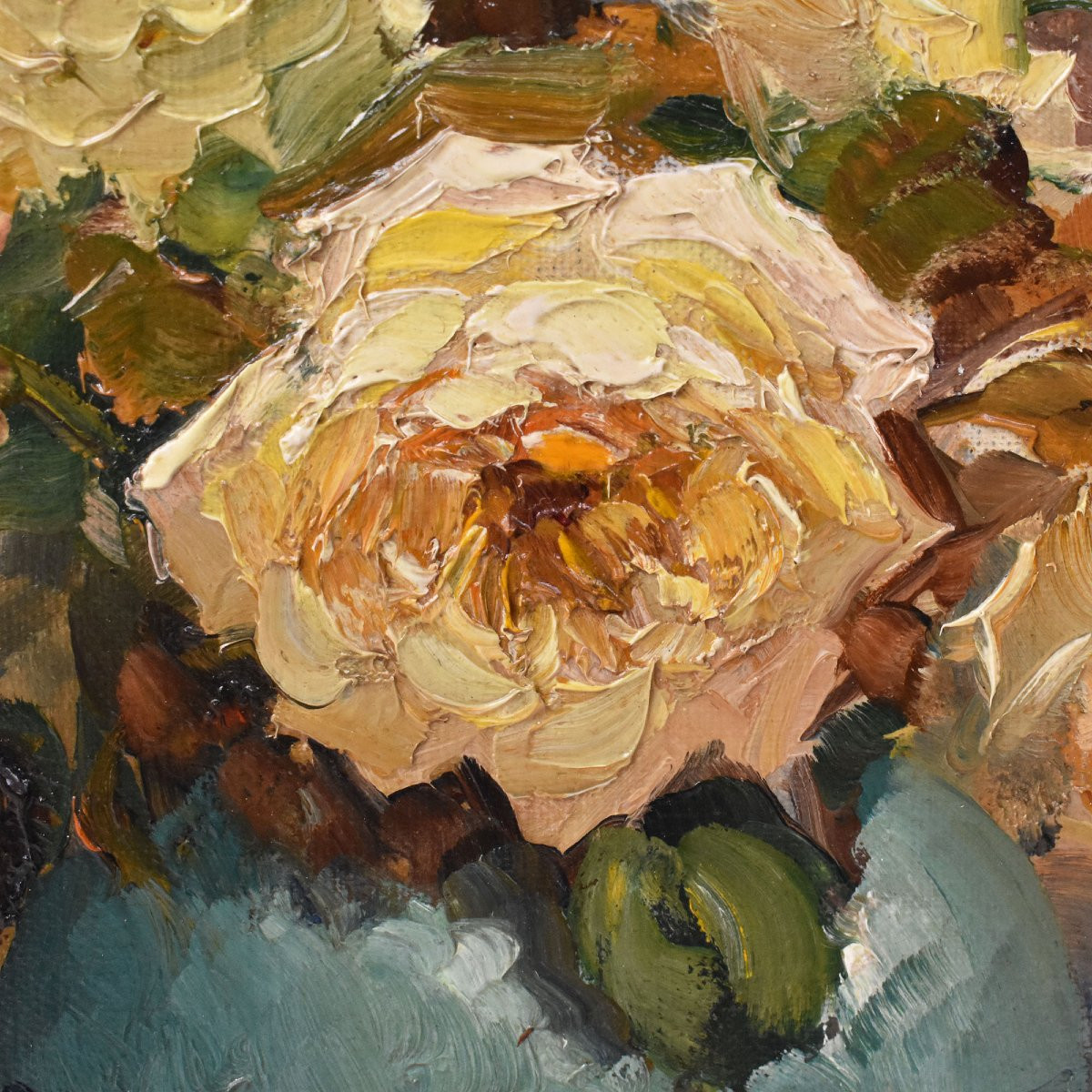 QUADRI ANTICHI, PICCOLA NATURA MORTA CON FIORI DI ROSE GIALLE, OLIO SU TELA, XX SECOLO. (QF719)-photo-1