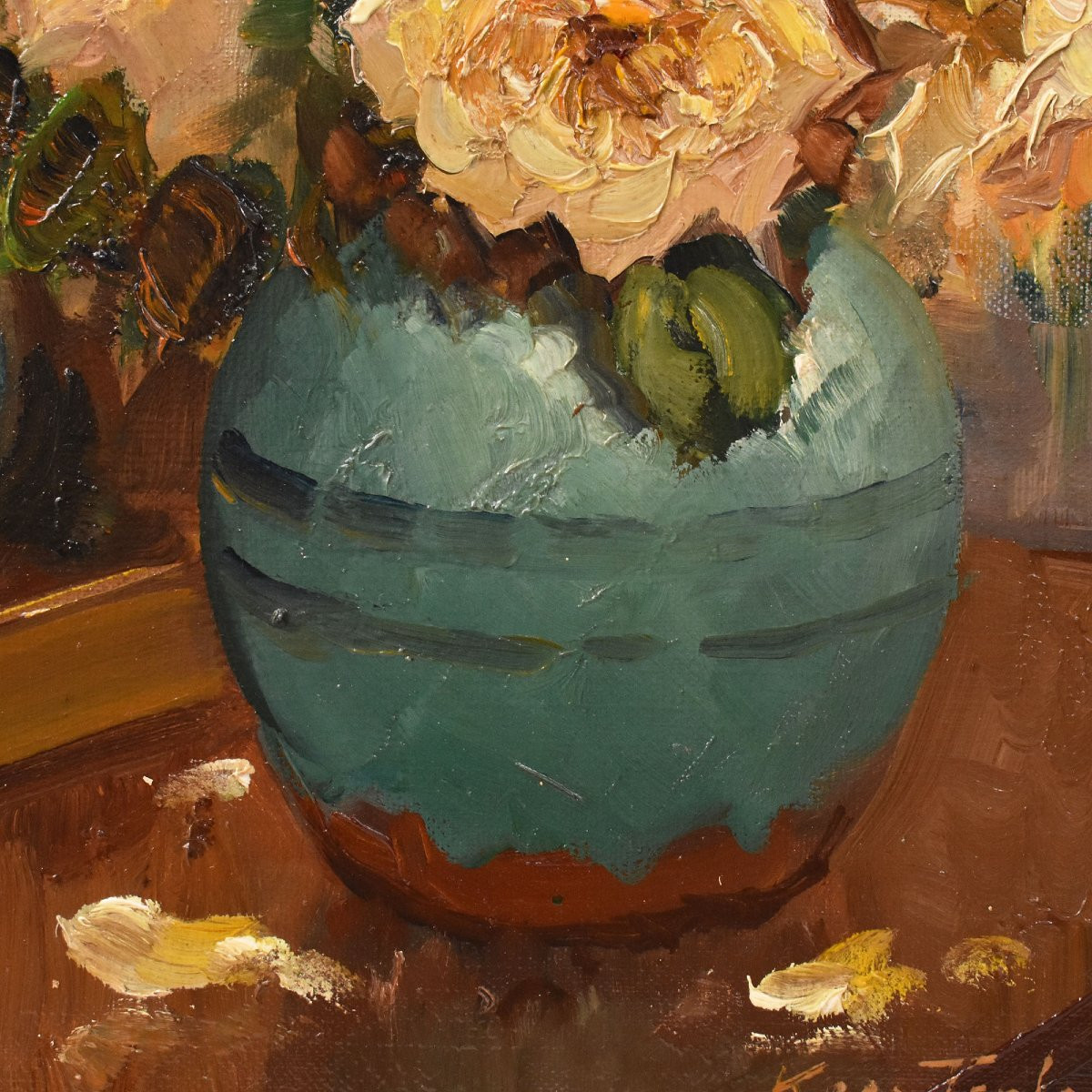 QUADRI ANTICHI, PICCOLA NATURA MORTA CON FIORI DI ROSE GIALLE, OLIO SU TELA, XX SECOLO. (QF719)-photo-3