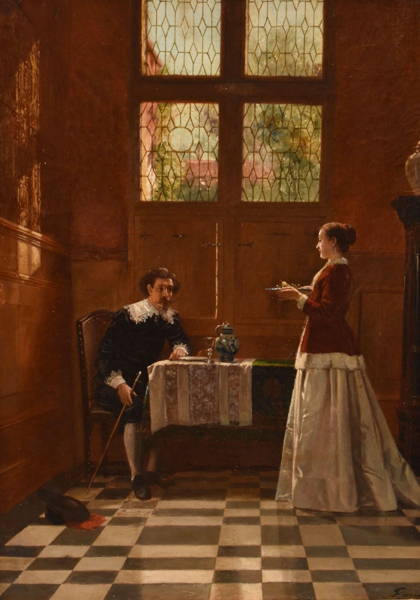 QUADRI ANTICHI, RITRATTI FIAMMINGHI, SCENE D'INTERNI, OLIO SU TELA, EPOCA OTTOCENTO. (QR721)-photo-3