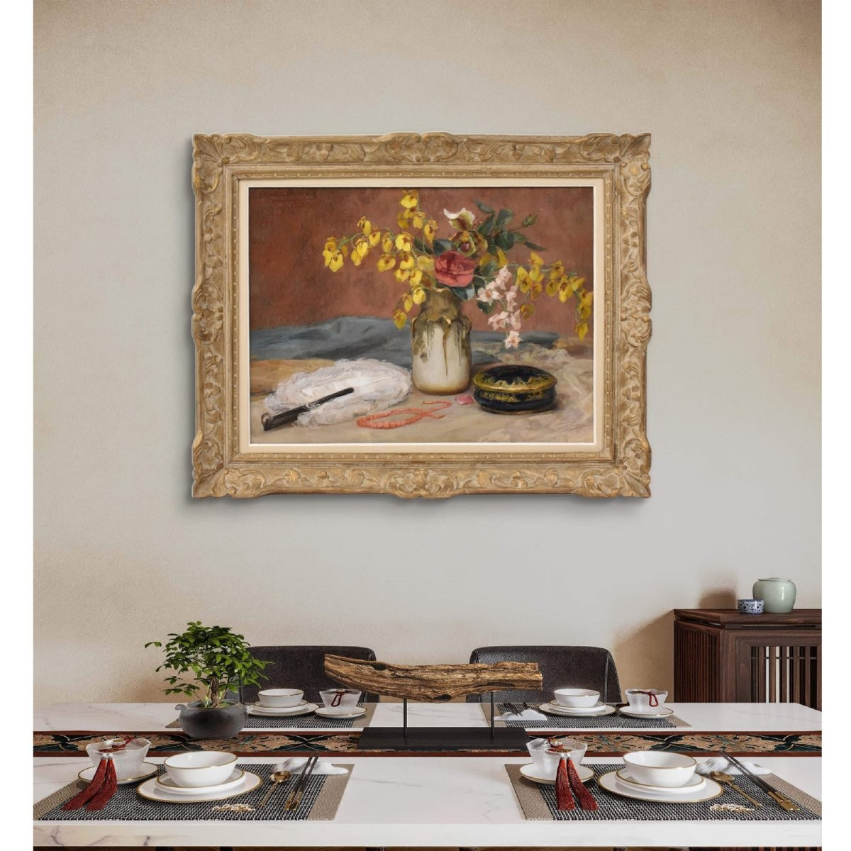 QUADRI ANTICHI, ART DECO, NATURA MORTA CON FIORI E VENTAGLIO, OLIO SU TELA, XX SECOLO. (QNM722)-photo-2