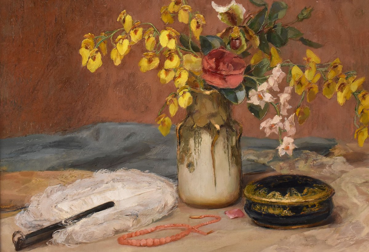 QUADRI ANTICHI, ART DECO, NATURA MORTA CON FIORI E VENTAGLIO, OLIO SU TELA, XX SECOLO. (QNM722)-photo-3