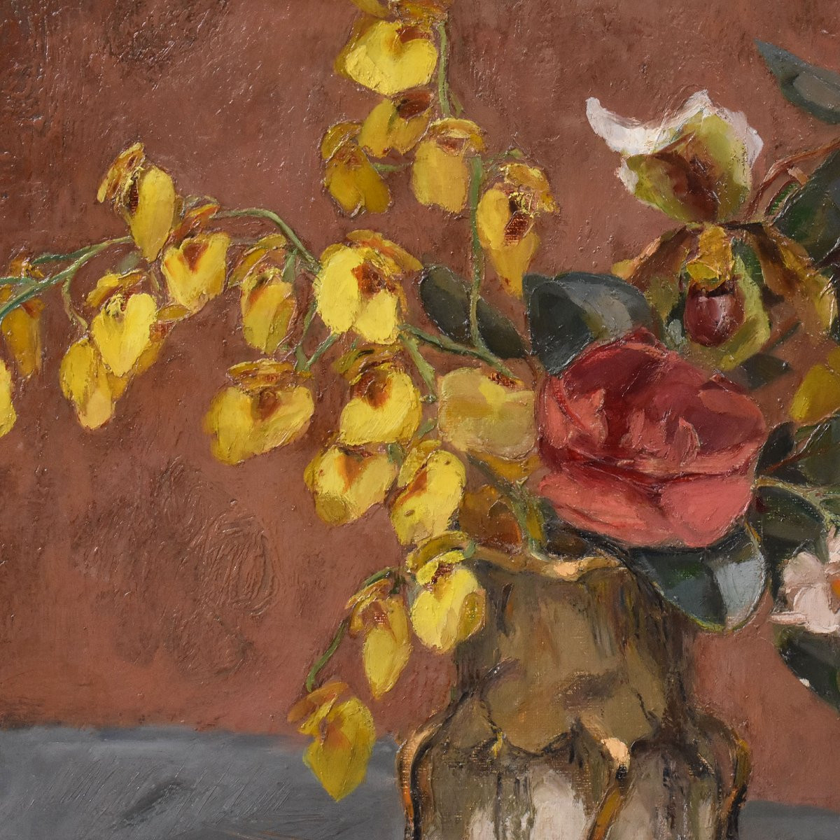 QUADRI ANTICHI, ART DECO, NATURA MORTA CON FIORI E VENTAGLIO, OLIO SU TELA, XX SECOLO. (QNM722)-photo-1