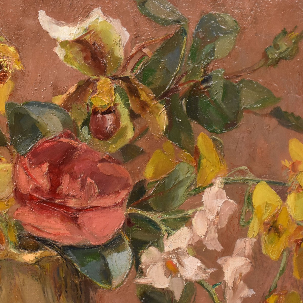 QUADRI ANTICHI, ART DECO, NATURA MORTA CON FIORI E VENTAGLIO, OLIO SU TELA, XX SECOLO. (QNM722)-photo-2