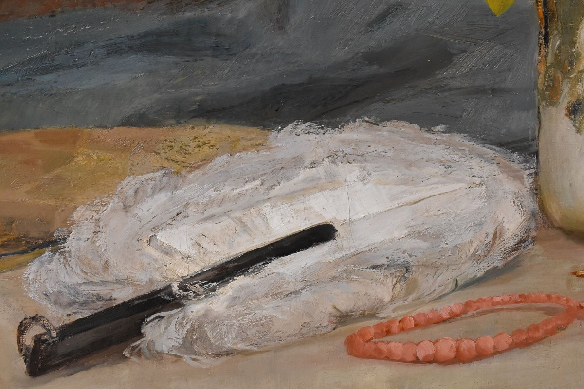 QUADRI ANTICHI, ART DECO, NATURA MORTA CON FIORI E VENTAGLIO, OLIO SU TELA, XX SECOLO. (QNM722)-photo-4