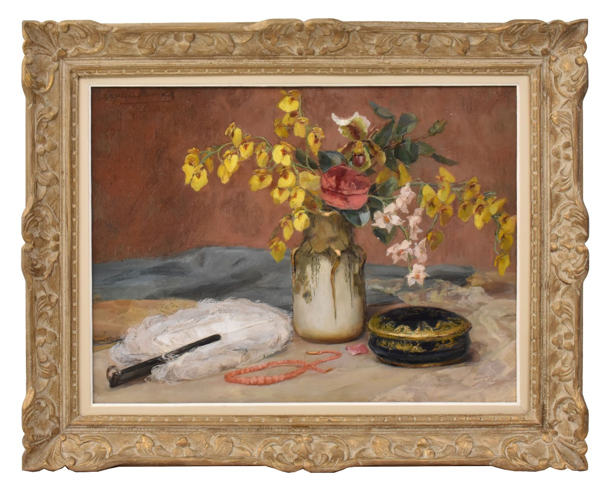 QUADRI ANTICHI, ART DECO, NATURA MORTA CON FIORI E VENTAGLIO, OLIO SU TELA, XX SECOLO. (QNM722)