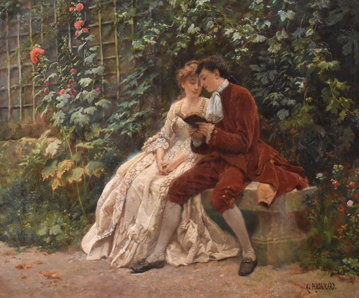 QUADRI ANTICHI RITRATTI, SCENA GALANTE CON DUE GIOVANI, OLIO SU TELA, EPOCA OTTOCENTO. (QR723)-photo-3