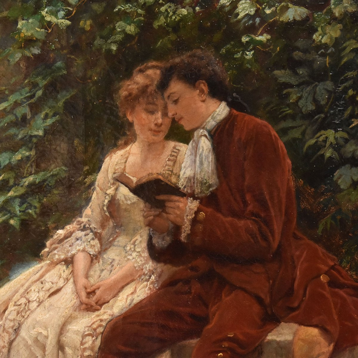 QUADRI ANTICHI RITRATTI, SCENA GALANTE CON DUE GIOVANI, OLIO SU TELA, EPOCA OTTOCENTO. (QR723)-photo-4