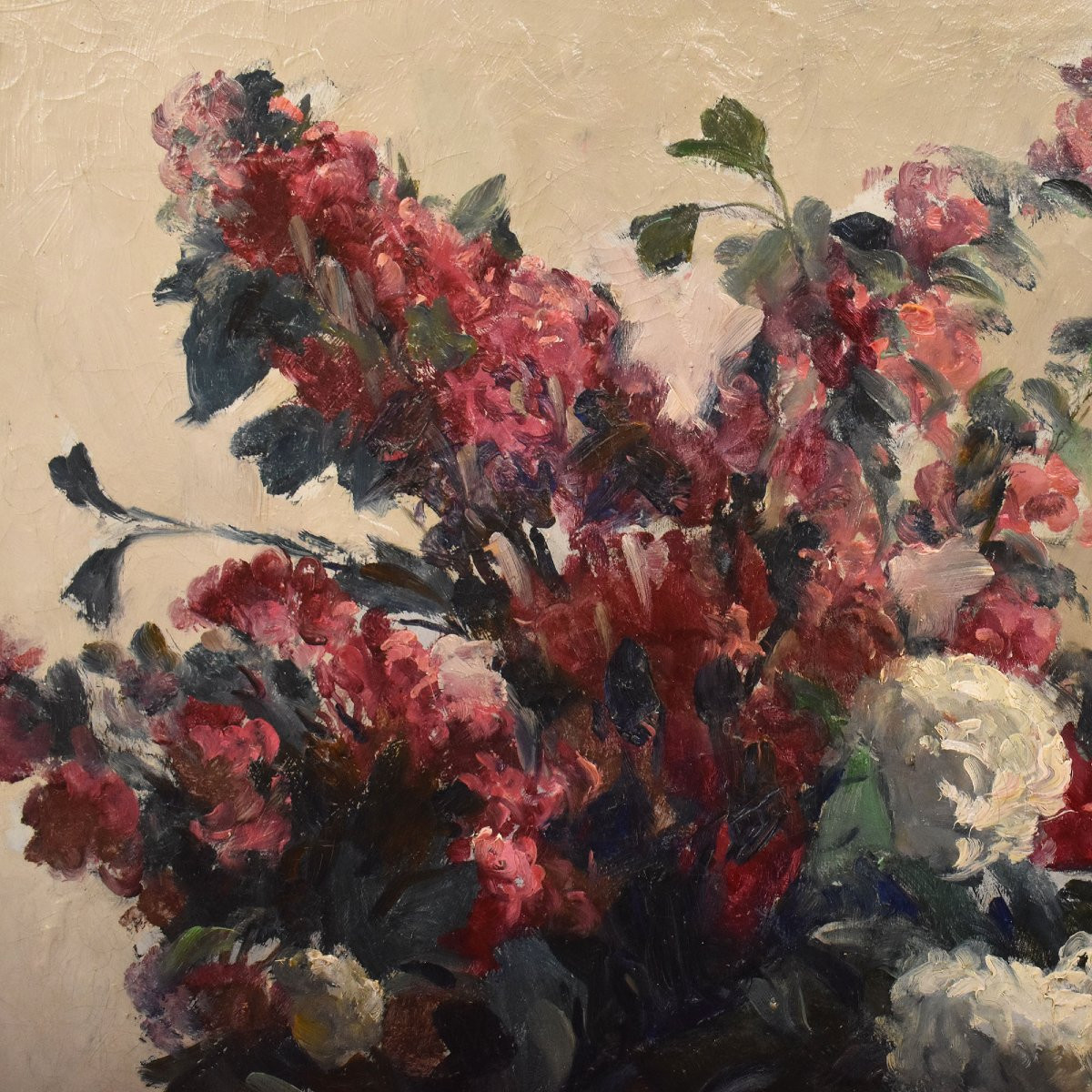 QUADRI ANTICHI, NATURA MORTA FLOREAE, FIORI PRIMAVERILI, OLIO SU TELA, FINE XIX SECOLO. (QF724)-photo-2