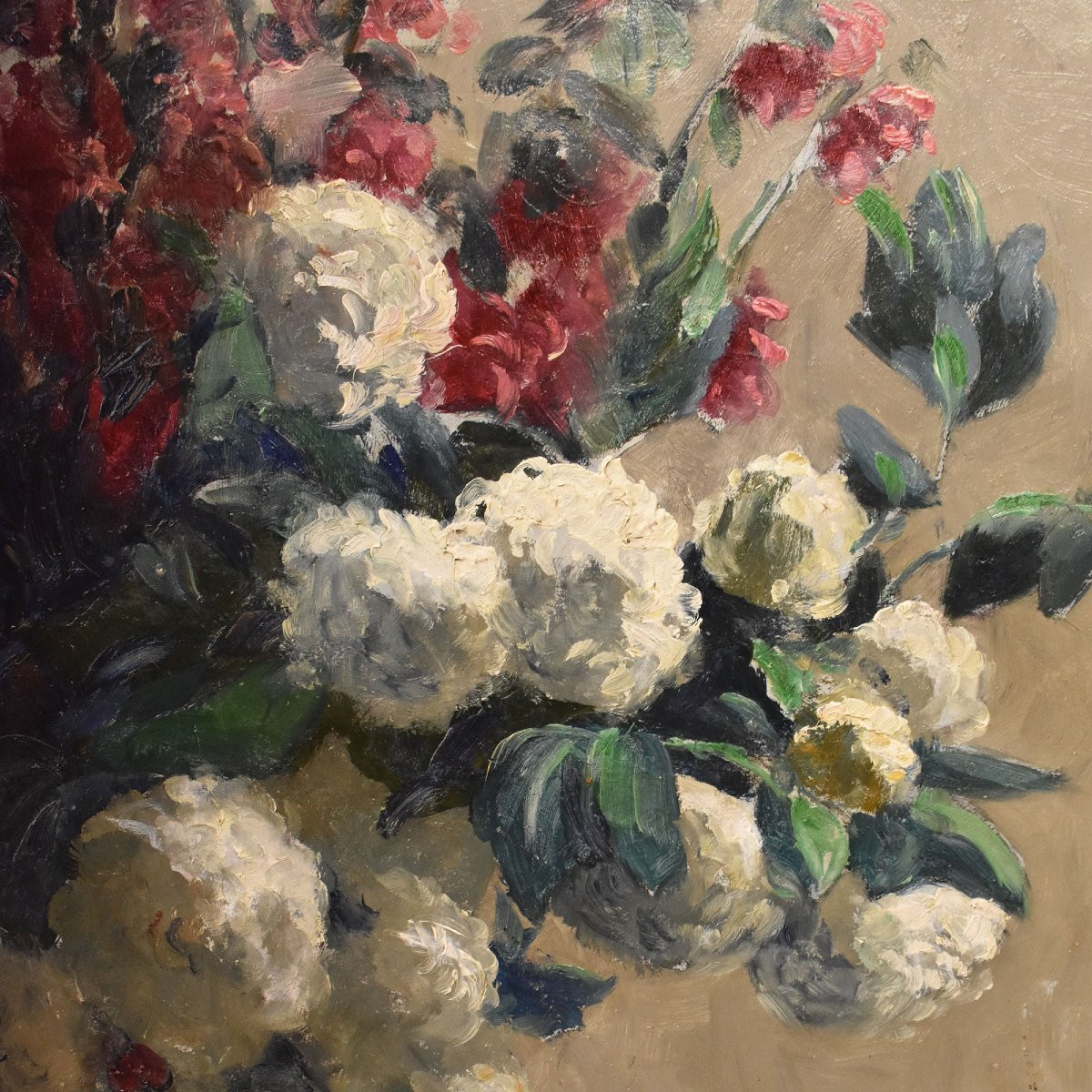 QUADRI ANTICHI, NATURA MORTA FLOREAE, FIORI PRIMAVERILI, OLIO SU TELA, FINE XIX SECOLO. (QF724)-photo-3