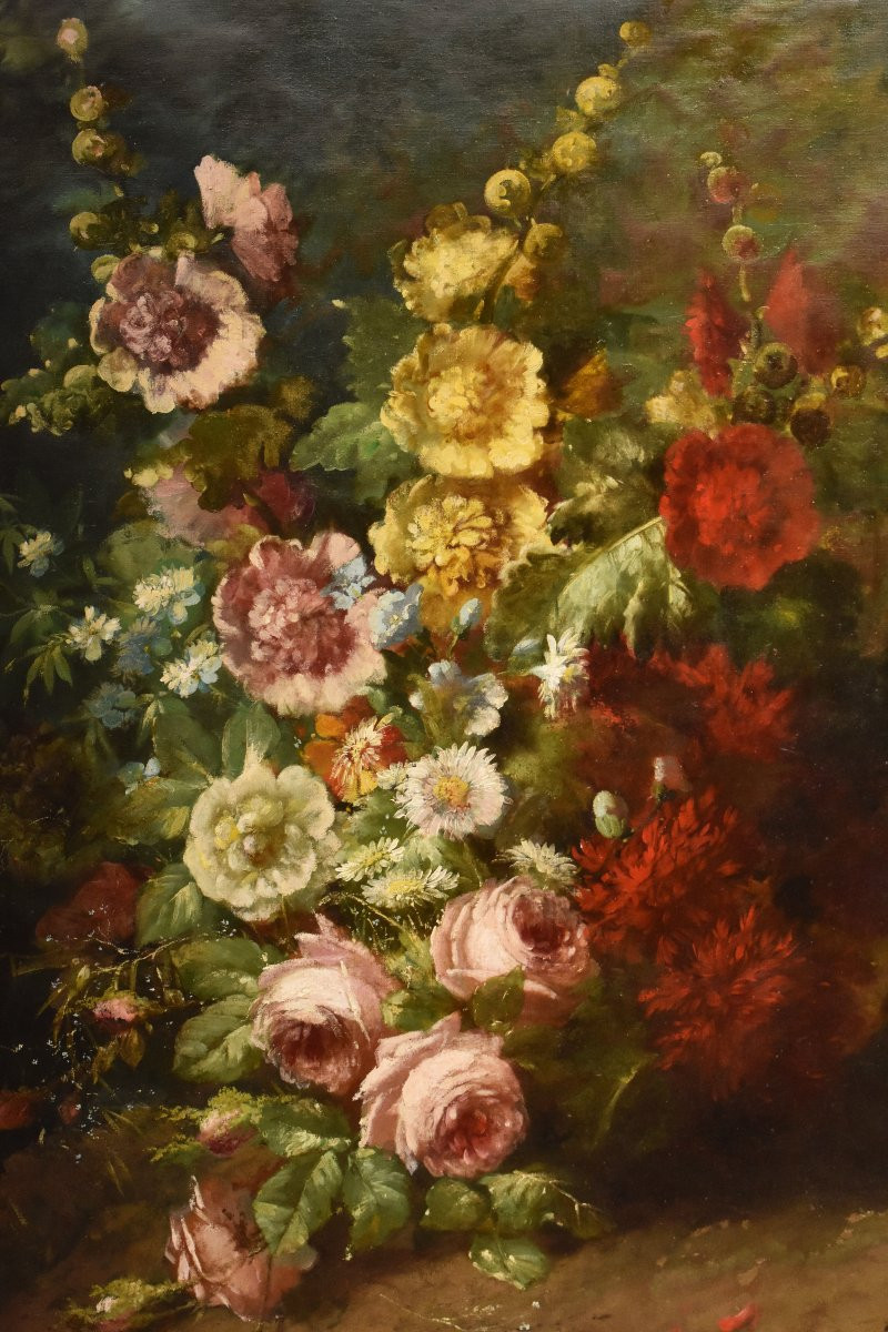 GRANDE NATURA MORTA DI FIORI CON ROSE E MALVAROSE, QUADRI ANTICHI, OLIO SU TELA, XIX (QF726)-photo-3