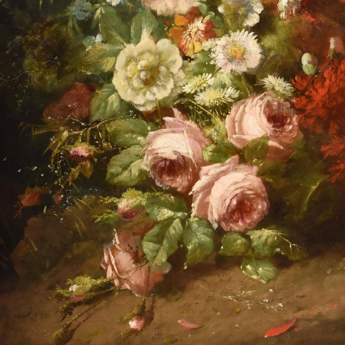 GRANDE NATURA MORTA DI FIORI CON ROSE E MALVAROSE, QUADRI ANTICHI, OLIO SU TELA, XIX (QF726)-photo-4
