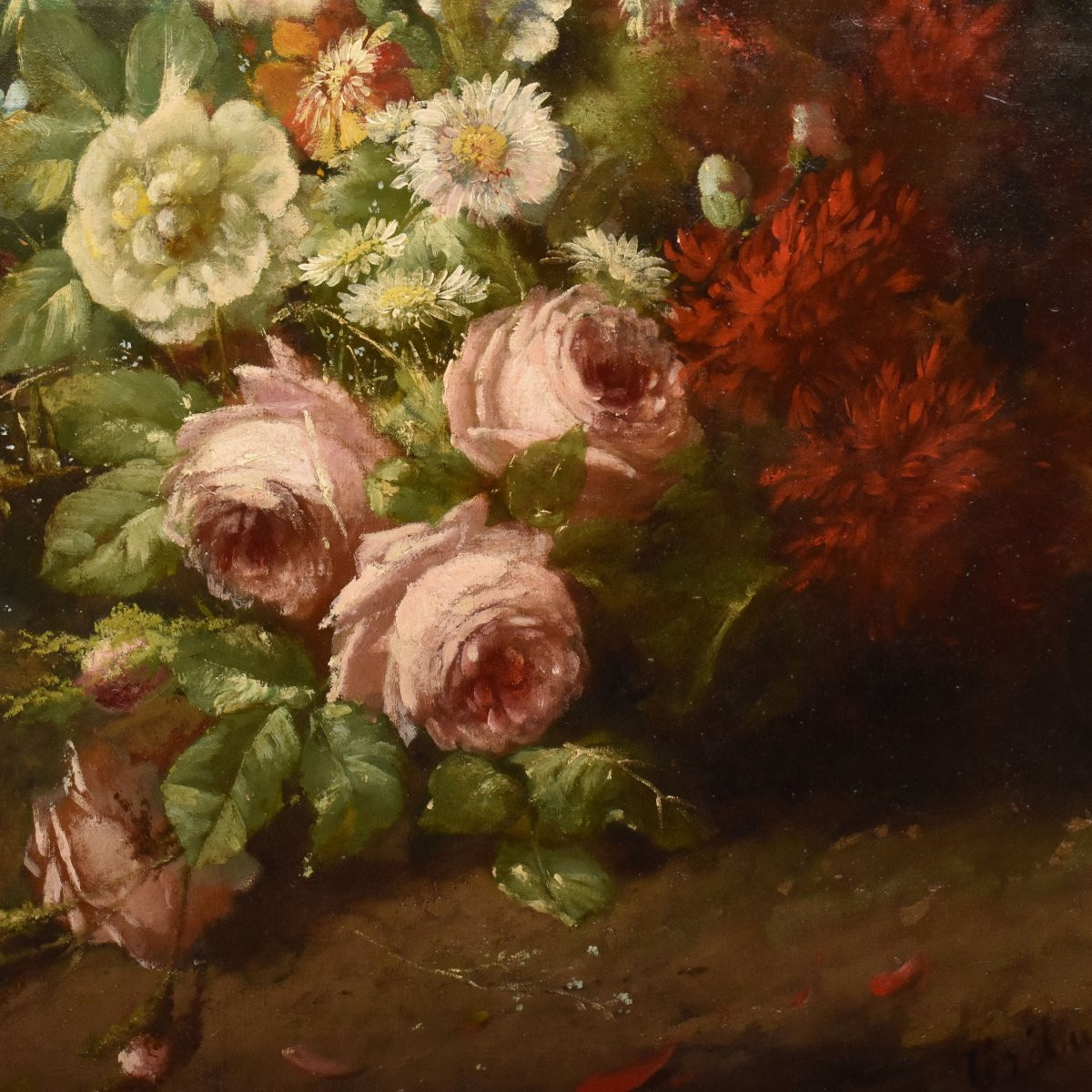 GRANDE NATURA MORTA DI FIORI CON ROSE E MALVAROSE, QUADRI ANTICHI, OLIO SU TELA, XIX (QF726)-photo-2
