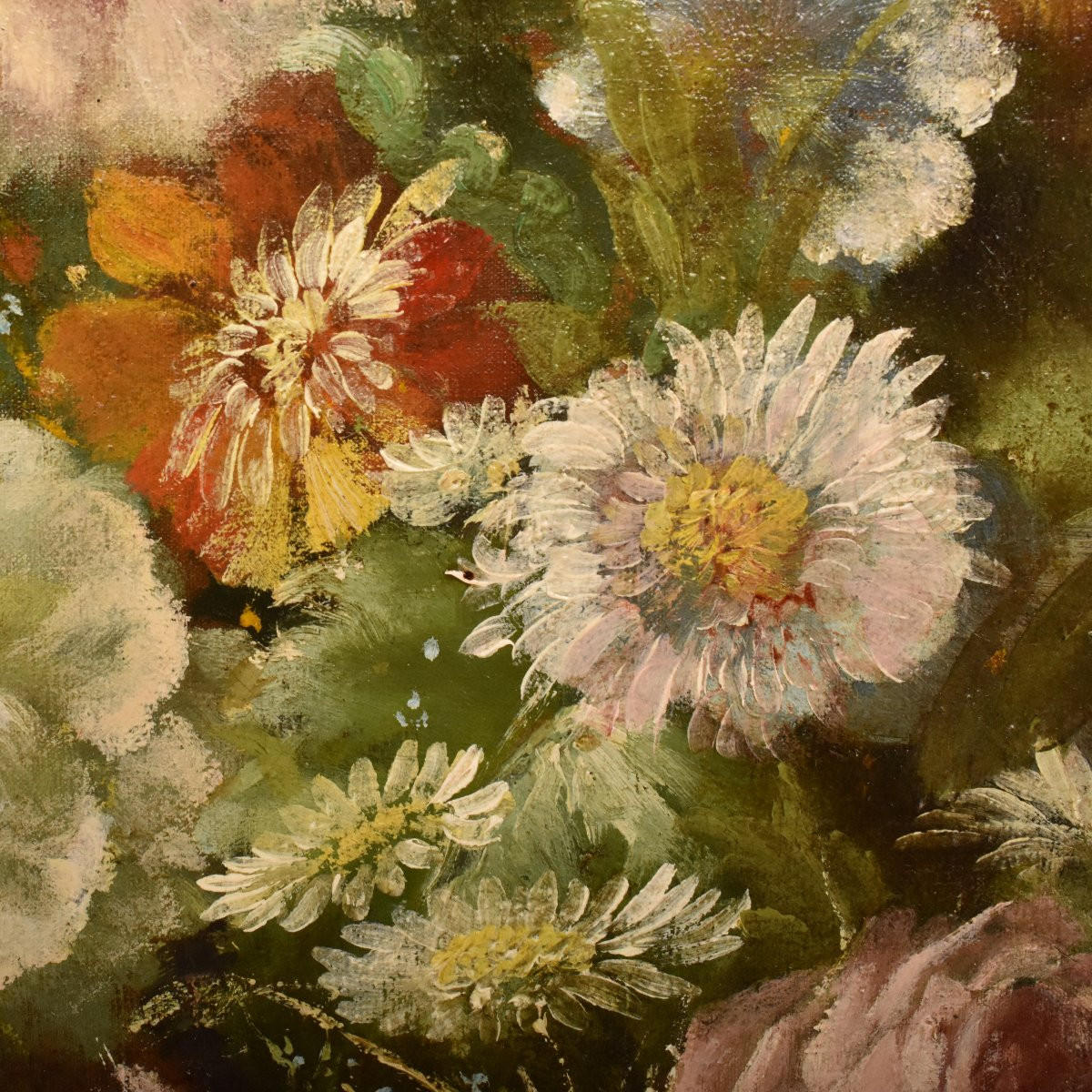 GRANDE NATURA MORTA DI FIORI CON ROSE E MALVAROSE, QUADRI ANTICHI, OLIO SU TELA, XIX (QF726)-photo-4