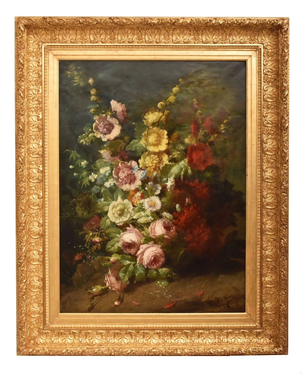GRANDE NATURA MORTA DI FIORI CON ROSE E MALVAROSE, QUADRI ANTICHI, OLIO SU TELA, XIX (QF726)