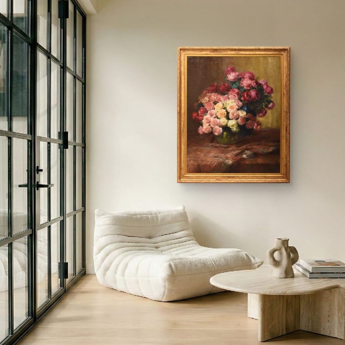 GRANDE DIPINTO ANTICO DI FIORI DI ROSE, NATURA MOTA FLOREALE, OLIO SU TELA,  XX SECOLO (QF727)-photo-2