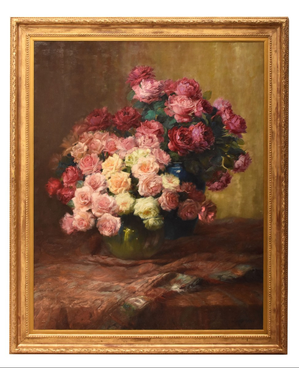 GRANDE DIPINTO ANTICO DI FIORI DI ROSE, NATURA MOTA FLOREALE, OLIO SU TELA,  XX SECOLO (QF727)