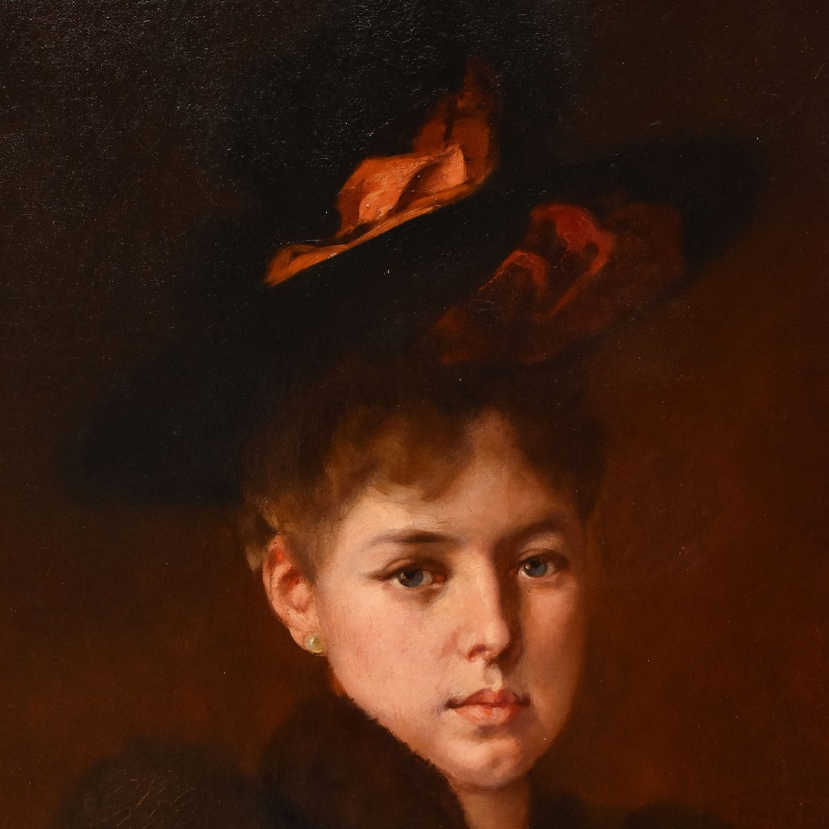 QUADRI ANTICHI, RITRATTI DI DONNA CON CAPPELLO E GUANTI, GRANDE OLIO SU TELA, OTTOCENTO (QR729)-photo-4