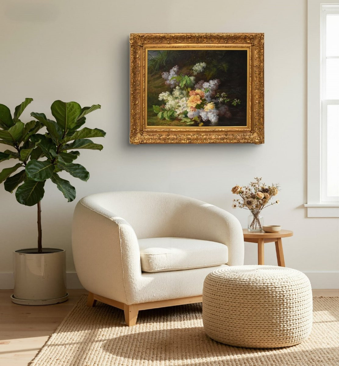 NATURA MORTA DI FIORI CON ROSE E LILLÀ, NATURA MORTA FLOREAE, OLIO SU TELA, XIX SECOLO. (QF734)-photo-2