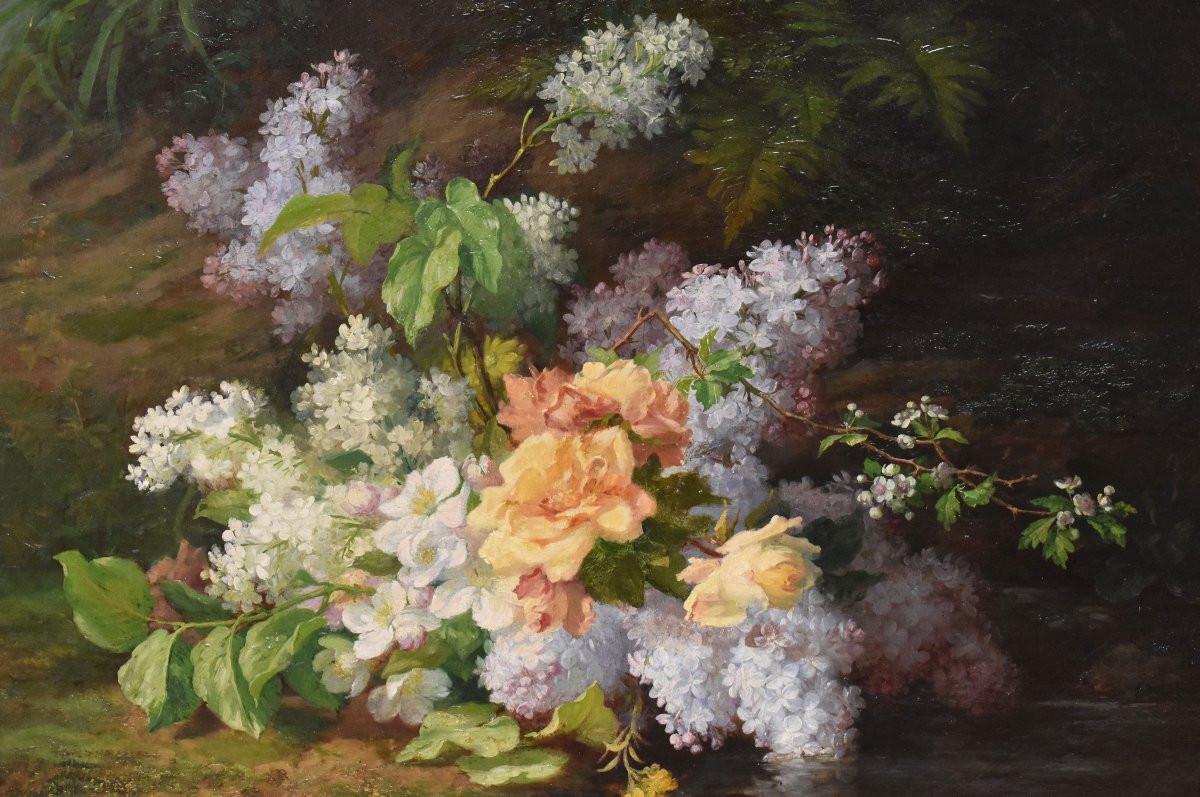 NATURA MORTA DI FIORI CON ROSE E LILLÀ, NATURA MORTA FLOREAE, OLIO SU TELA, XIX SECOLO. (QF734)-photo-3