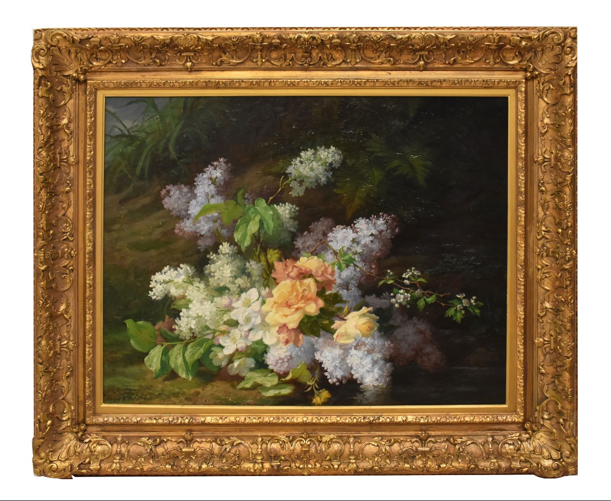 NATURA MORTA DI FIORI CON ROSE E LILLÀ, NATURA MORTA FLOREAE, OLIO SU TELA, XIX SECOLO. (QF734)