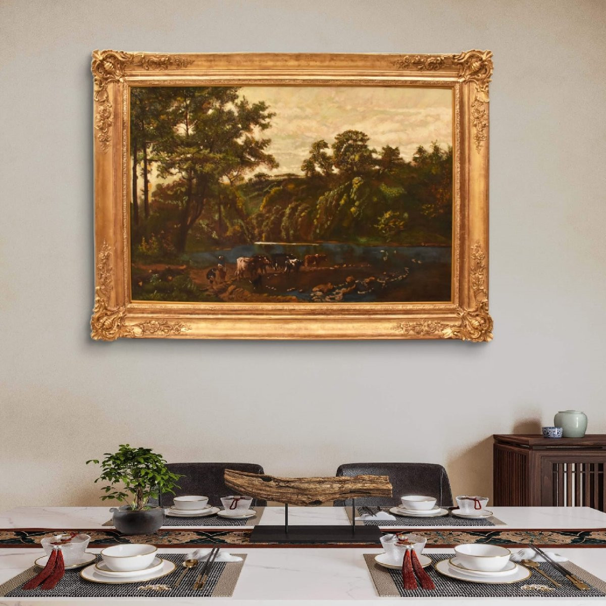 DIPINTI ANTICHI CON PAESAGGI CON MUCCHE E PASTORI, OLIO SU TELA, FINE DEL XIX SECOLO. (QP730)-photo-2