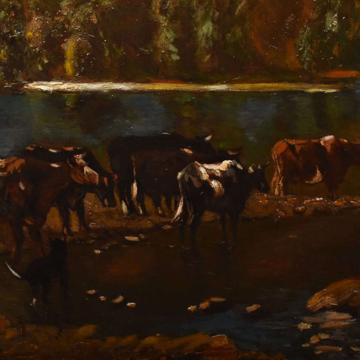 DIPINTI ANTICHI CON PAESAGGI CON MUCCHE E PASTORI, OLIO SU TELA, FINE DEL XIX SECOLO. (QP730)-photo-2