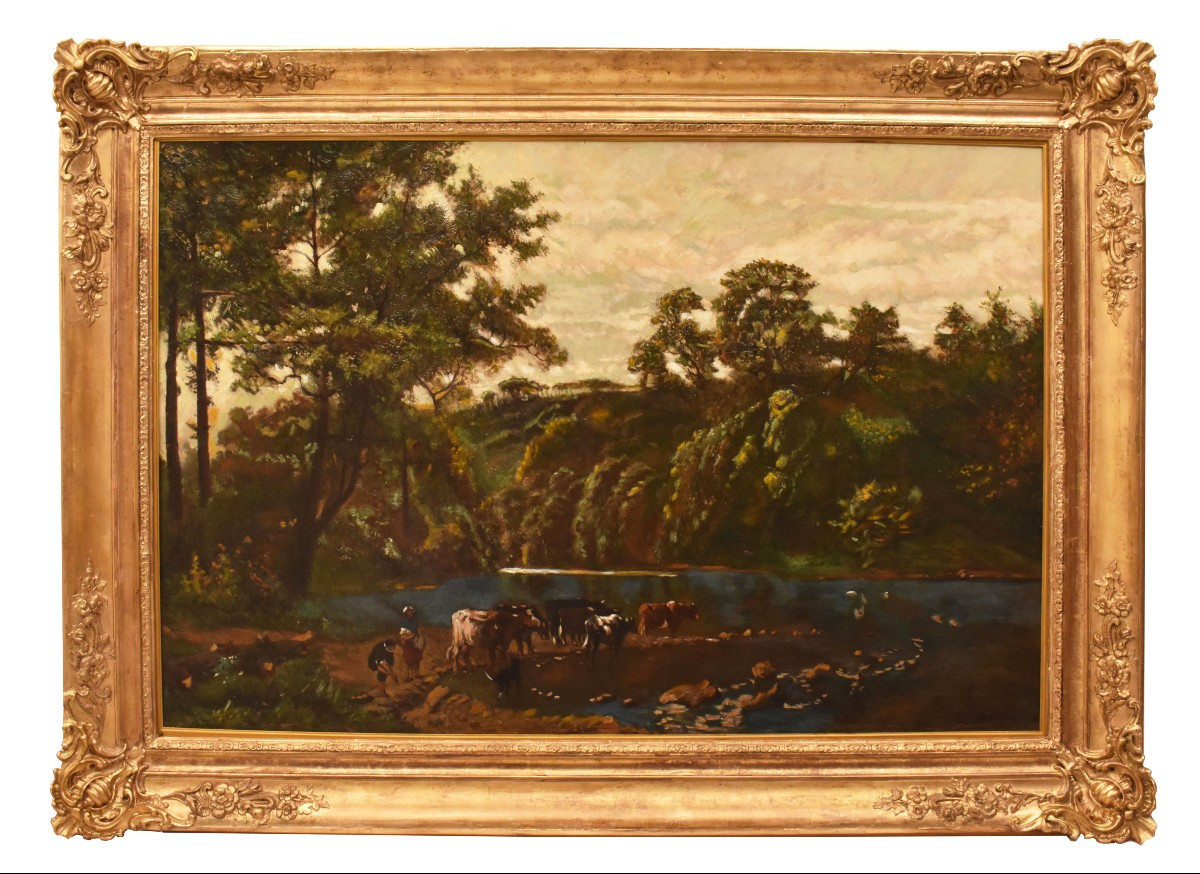 DIPINTI ANTICHI CON PAESAGGI CON MUCCHE E PASTORI, OLIO SU TELA, FINE DEL XIX SECOLO. (QP730)