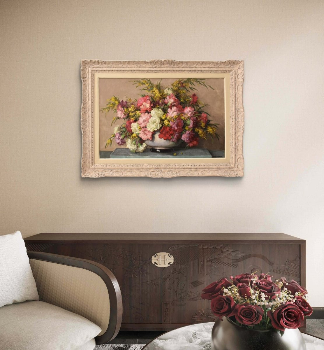 QUADRI ANTICHI, ART DECO, NATURA MORTA CON FIORI DI GAROFANI E MIMOSE, OLIO SU TELA, XX (QF735)-photo-2