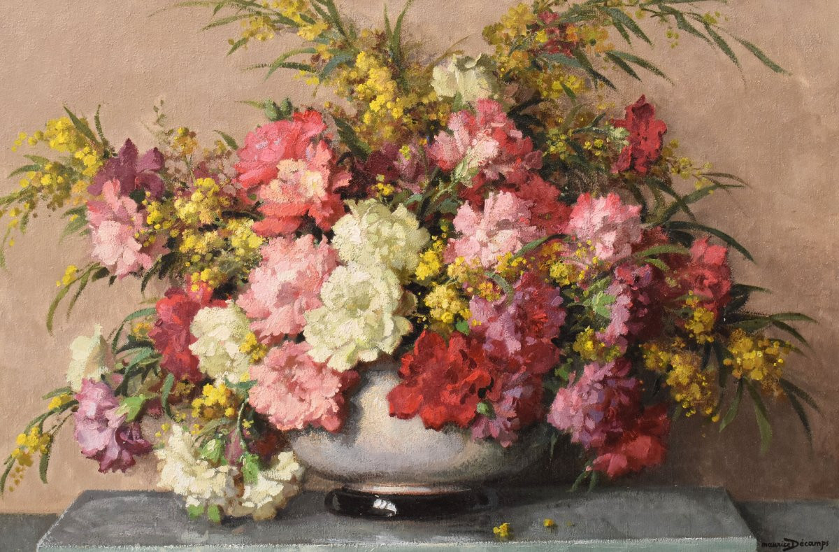 QUADRI ANTICHI, ART DECO, NATURA MORTA CON FIORI DI GAROFANI E MIMOSE, OLIO SU TELA, XX (QF735)-photo-3