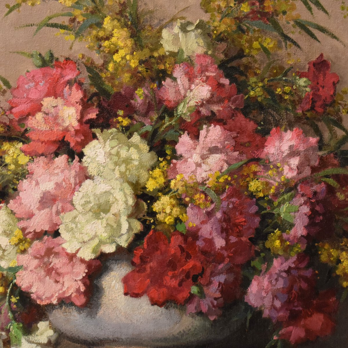 QUADRI ANTICHI, ART DECO, NATURA MORTA CON FIORI DI GAROFANI E MIMOSE, OLIO SU TELA, XX (QF735)-photo-4