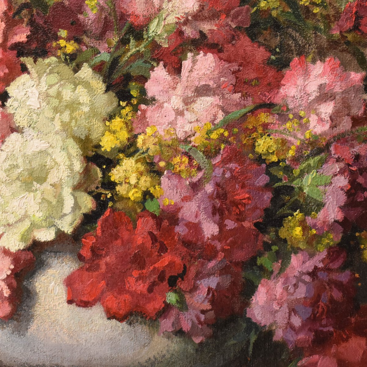 QUADRI ANTICHI, ART DECO, NATURA MORTA CON FIORI DI GAROFANI E MIMOSE, OLIO SU TELA, XX (QF735)-photo-1