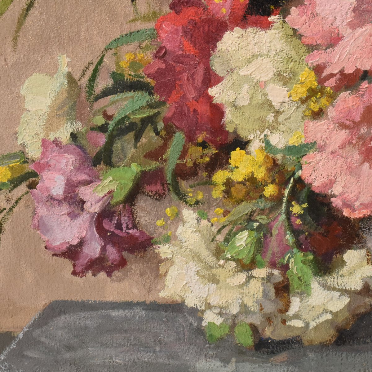 QUADRI ANTICHI, ART DECO, NATURA MORTA CON FIORI DI GAROFANI E MIMOSE, OLIO SU TELA, XX (QF735)-photo-2