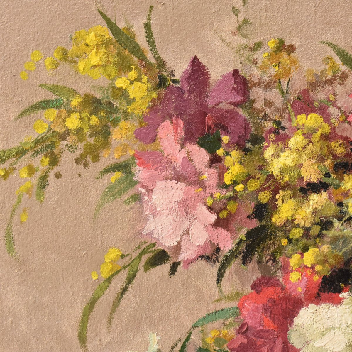 QUADRI ANTICHI, ART DECO, NATURA MORTA CON FIORI DI GAROFANI E MIMOSE, OLIO SU TELA, XX (QF735)-photo-3