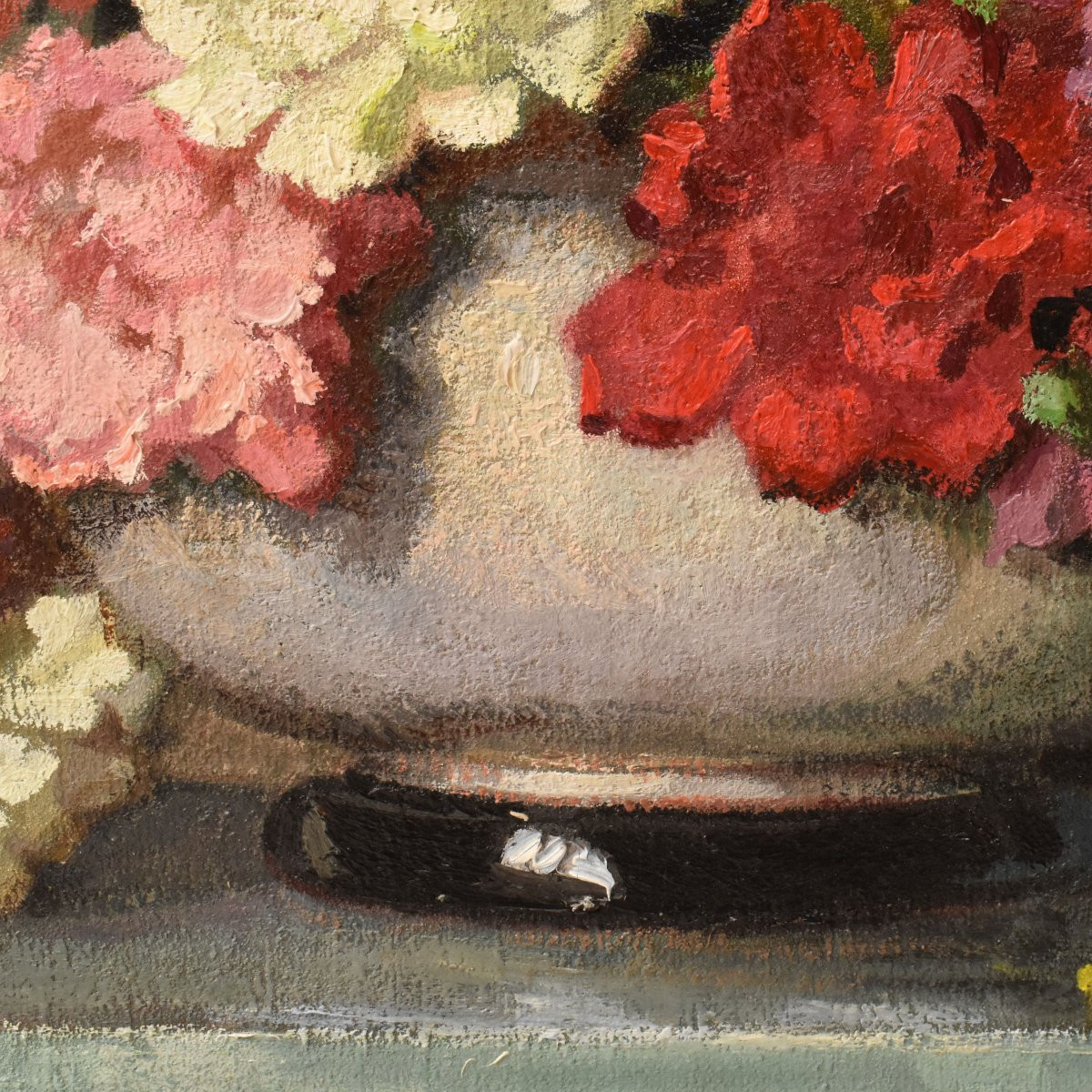 QUADRI ANTICHI, ART DECO, NATURA MORTA CON FIORI DI GAROFANI E MIMOSE, OLIO SU TELA, XX (QF735)-photo-4