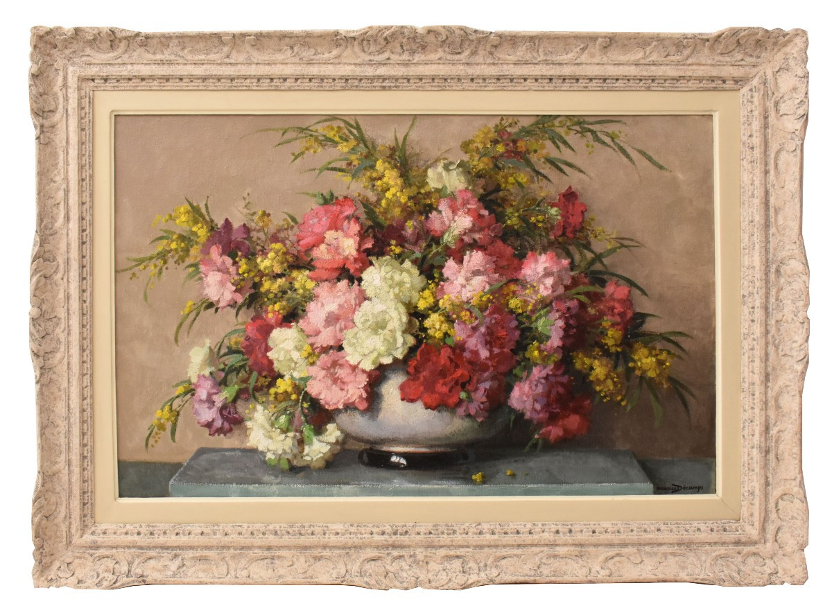 QUADRI ANTICHI, ART DECO, NATURA MORTA CON FIORI DI GAROFANI E MIMOSE, OLIO SU TELA, XX (QF735)