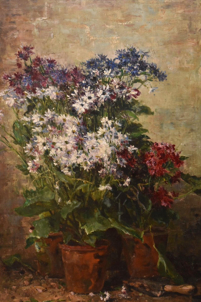 NATURA MORTA DI FIORI CON FIORDALISI E MARGHERITE, QUADRI ANTICHI, OLIO SU TELA, XIX (QF736)-photo-3